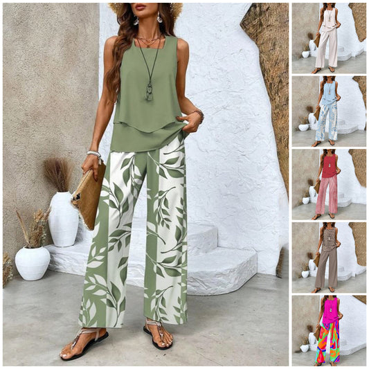 🌴 50% RABATT NU!👗 Damtrendigt Tryckt 2-Delars Set – Ärmlös Top & Byxor – Mühelös Semesterstil ✨