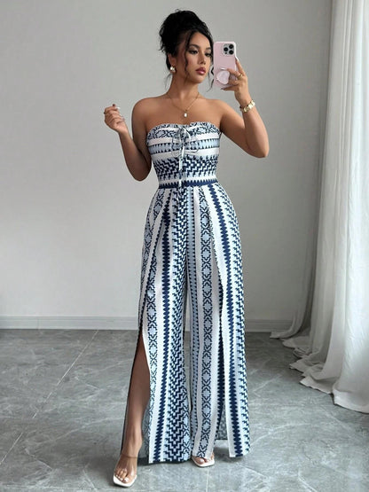 👗 50% RABATT NU! 🌺 Geometrisk Jumpsuit med Sidoslits – Elastisk Rygg & Unikt Mönster ✨
