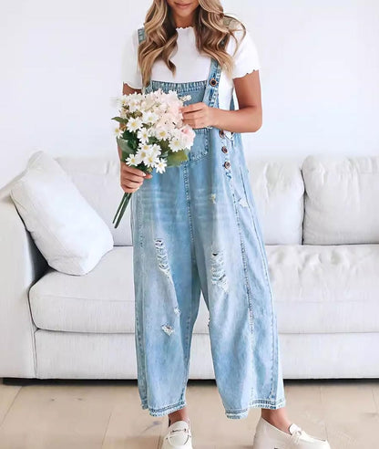 👖 50 % RABATT NU! ✨ Damjeans med knappar – justerbara hängslen, baggy passform & slitna detaljer – perfekt för en avslappnad chic look 🕶️