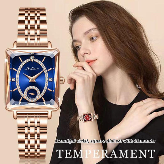 ✨ 50% RABATT NU!💎 Fyrkantig Roséguld Damklocka med Diamanter – Schweiziskt Urverk & Rostfritt Stål – Lyxig Essential 🕰️