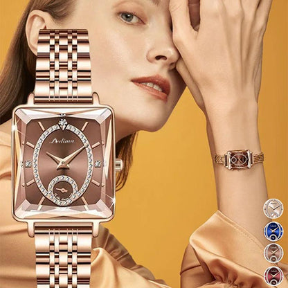 ✨ 50% RABATT NU!💎 Fyrkantig Roséguld Damklocka med Diamanter – Schweiziskt Urverk & Rostfritt Stål – Lyxig Essential 🕰️