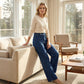 👖 50% RABATT NU! ✨ Högmidjade Vida Jeans – Asymmetrisk Detalj, Stretchmidja & Vintage Tvätt – Smickrande & Ansträngningslöst Chic 🧵