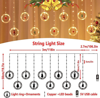 🎄 50 % RABATT NU! ✨ Julbelysning med 3D-strängar för gardiner – 10 LED-ringar med jultema & USB-driven, varmvit glöd 🌟