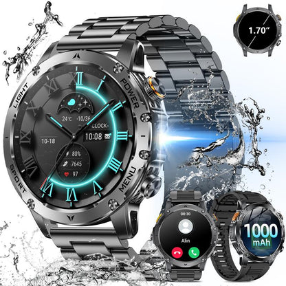 ⌚ 50 % RABATT NU! 🏃 Smartklocka för herrar i militärstil – 1,7" AMOLED, 1100 mAh, IP68 vattentät & LED-ficklampa – perfekt för äventyr 🔦
