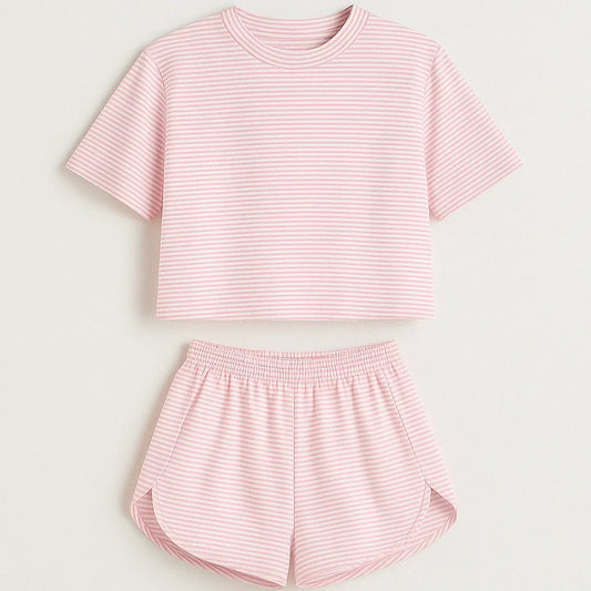 👚 60% RABATT! 🌙 2-delad Shorts & Topp Set – Dampyjamas med Randmönster, Mjukt Tyg & Perfekt För Sov & Avkoppling 🛌