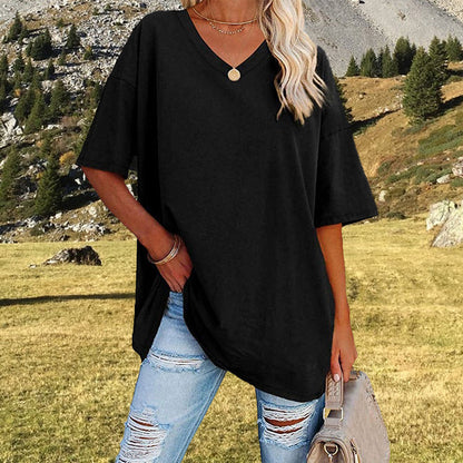👕 50% RABATT NU! 🌿 Damernas Casual V-ringad T-shirt – Mjuk Bomullsblandning & Flödande Fåll – Luftig Vardagsfavorit 🍃