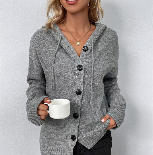 🧥 50% RABATT NU! 🍂 Women's Autumn Knit Drawstring Hooded Coat – Mjuk Stickad & Klassiska Knappar – Perfekt för Höst & Vinter – Avslappnad Elegans 🌿