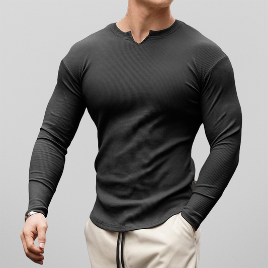 Camisetas de cuello en V y manga larga con diseño acanalado. Prendas deportivas de manga larga para gimnasio y entrenamiento. Prendas deportivas para hombre.