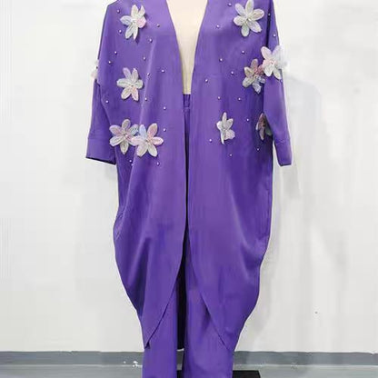 Women’s Casual Delicate Flower Long Cardigan and Pants Set（Free shipping）