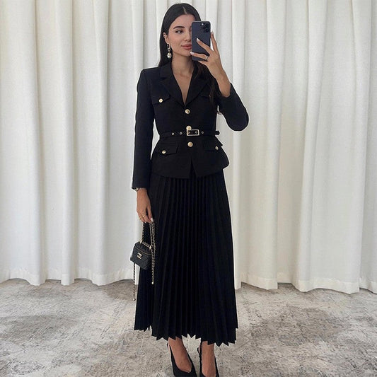 ✨Get 50% off💖Women's Lapel Blazer & Pleated Maxi Skirt 2-Piece Set with Matching Belt-✈️free shipping✈️