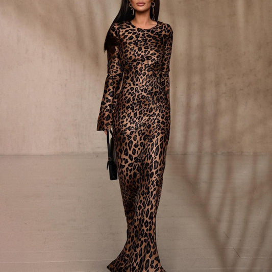 Women's Sexy Leopard Dress with Round Neck & Extra Long Sleeves