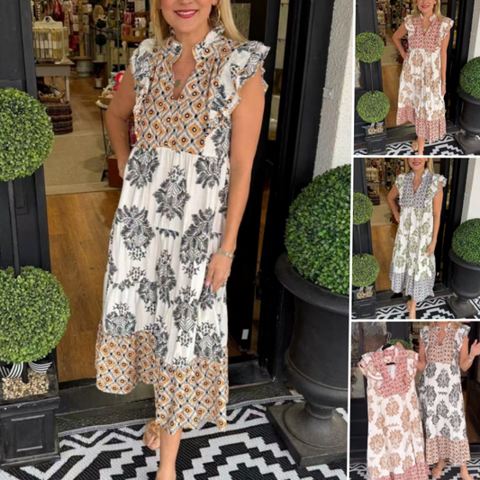 👗 50% RABATT NU!✨ Dam Tryckt Ruchklänning – Ärmlös & Lätt – Elegant Sommar Semesterklänning 🌸