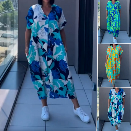 👗 60% RABATT! 🌸 Elegant V-halsad Klänning med Tryck för Kvinnor – Flytande Tyg, Smickrande Passform & Perfekt för Våren ☀️