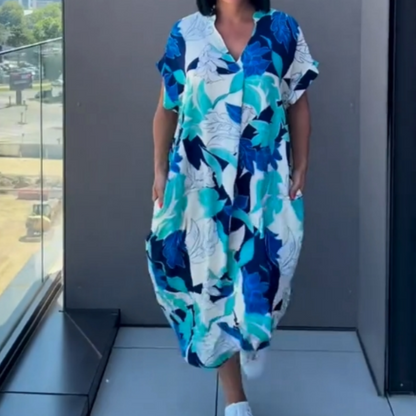 👗 60% RABATT! 🌸 Elegant V-halsad Klänning med Tryck för Kvinnor – Flytande Tyg, Smickrande Passform & Perfekt för Våren ☀️