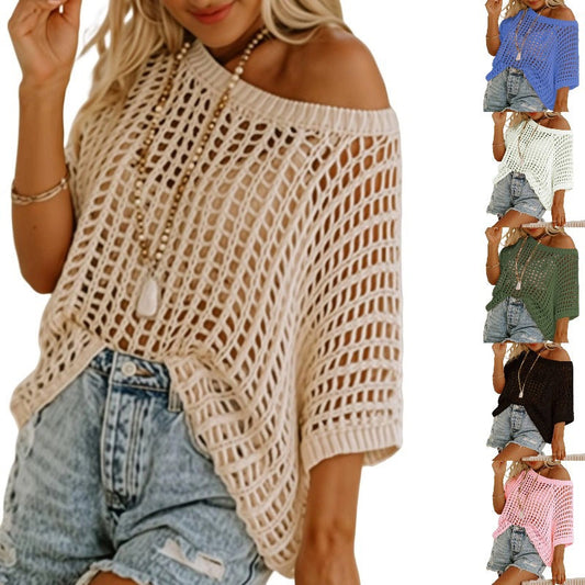 👚 50% RABATT NU! 🌊 Kvinnors Sommar Scoop Neck Tröja – Virkad & Hålmönstrad – Strandöverdrag – Luftigt, Andningsbart & Ansträngningslöst Chic ☀️
