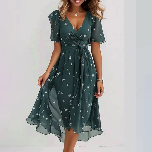 👗💙 50% RABATT! | Kortärmad Midiklänning – V-ringning & Blommönster!