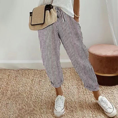 👖 50% RABATT NU! 🌾 Kvinnors Linne-Bomull Randiga Byxor – Andningsbara, Avslappnad Vida Ben & Elastisk Midja ✨