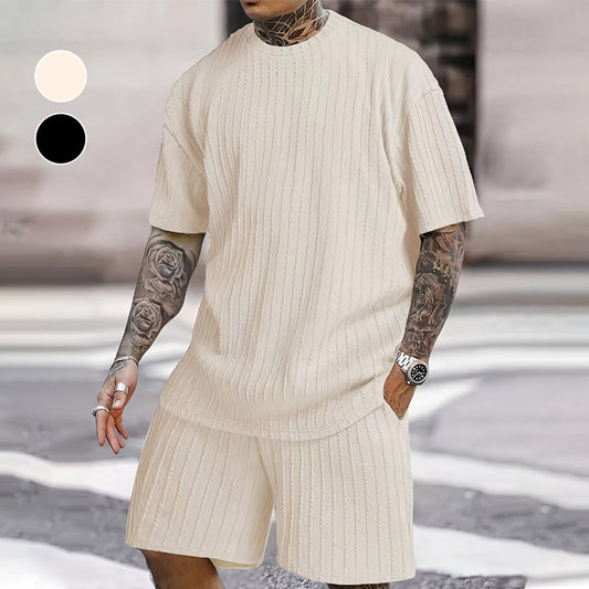 👕 50% RABATT NU! 🌆 Herr Sommar 2-delat Set – Drop Shoulder T-shirt & Dragsko Shorts – Avslappnad Passform, Vertikala Ränder & Streetwear Vibe 🔲