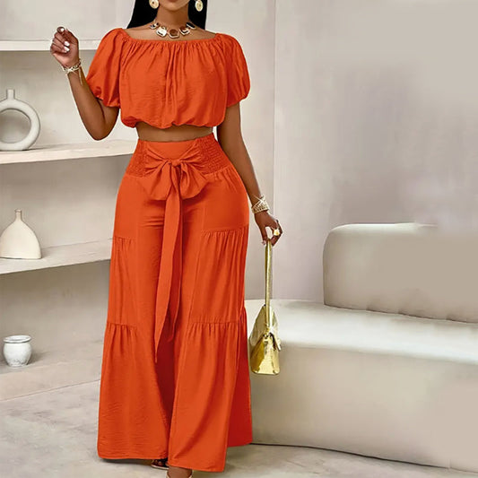 👗 50% RABATT ✨ | Off-Shoulder Topp & Vida Byxor – Puffärm & Hög Midja