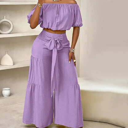 👗 50% RABATT ✨ | Off-Shoulder Topp & Vida Byxor – Puffärm & Hög Midja