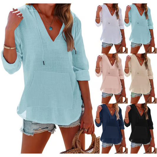👚 50% RABATT NU! ✨ Enfärgad V-ringad Långärmad Topp med Huva & Fickor – Mjuk Bomull/Linne – Perfekt för Alla Årstider 🌿
