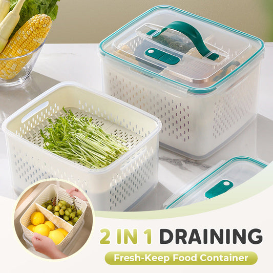 🥗 50% RABATT NU!🧊 2 i 1 Avrinnande Färskbehållare – Lufttät & Mikrovågssäker – Kylskåp Essential 🔒