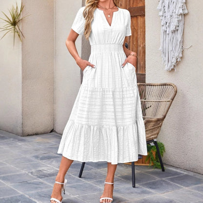 👗 50% RABATT NU! 🌸 Kortärmad V-ringad Långklänning – Flödande & Sommarchic – Perfekt för Semester & Vardag ☀️