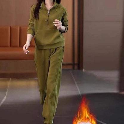 Conjunto casual de 2 piezas para mujer: Sudadera con cremallera parcial y pantalón