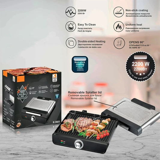 🔥 50 % RABATT NU! 🍖 Rökfri inomhusgrill 2200 W med non-stick-beläggning – snabb uppvärmning, jämn värme & lätt att rengöra – perfekt för lägenheter och små utrymmen 🏠