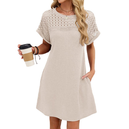 👗 50% RABATT NU! ✨ Women's Short Sleeve Lace Patchwork A-Line Dress – Elegant Spets & Smickrande Siluett – Perfekt för Alla Tillfällen 🌸