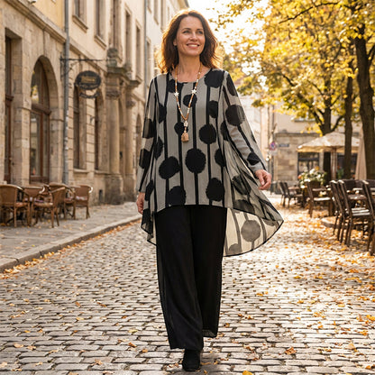 👗 50% RABATT NU! 🌸 Damset med Topp och Byxor med Tryck – Vintage-inspirerat Tryck, Asymmetrisk Fåll & Avslappnad Passform ✨