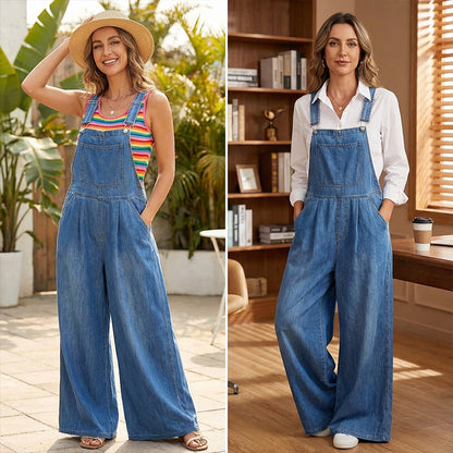👖 50% RABATT NU!✨ Dam Ärmlösa Jeans Hängselbyxor – Wide Leg & Justerbara Axelremmar – Casual Lös Jumpsuit 🌿