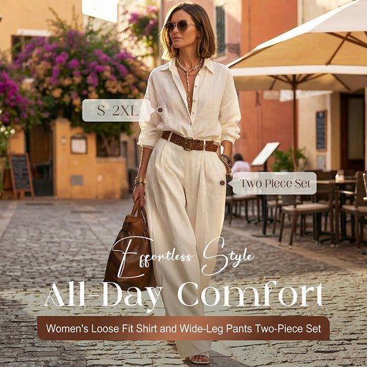 🔥🎁Nyhet 50 % RABATT🔥Damset med lös passform, skjorta och vida byxor, tvådelat