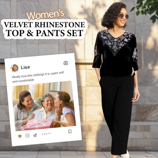 🔥Set i sammet för kvinnor – topp med strass och byxor