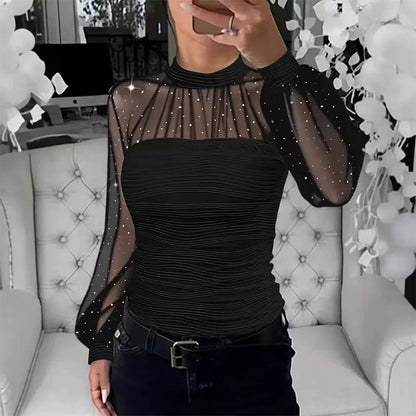 👚✨ 50% RABATT! | Top i Transparent Mesh med Imiterade Pärlor & Lanternärmar