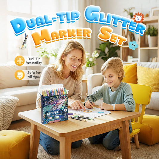 🎨✨ 50% RABATT! | 24-Färgers Dubbeländsglittermarkörset – Pensel & Fin Spets, Levande Glitter & Giftfritt!