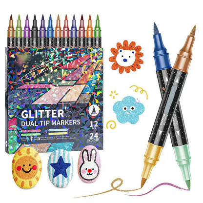 ✨ 50% RABATT NU! 🎨 24-Färgers Dubbeländsglittermarkörset – Pensel & Fin Spets, Levande Glitter & Giftfritt! 🖌️