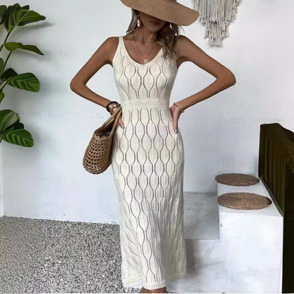 👗✨ 50% RABATT! | Elegant V-ringad Stickad Klänning – Hålmönster, Andningsbar & Figursydd!