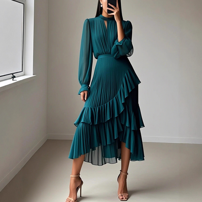 👗💕 50% RABATT! Begränsad Tid | Damernas Midi-klänning med Nyckelhålshals & Volangkant