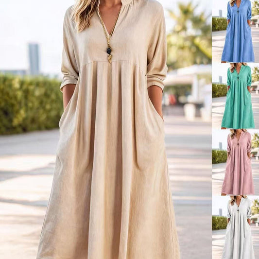 👗 60% RABATT 🌿 | Casual Midi-klänning – V-ringning, Fickor & Empiremidja