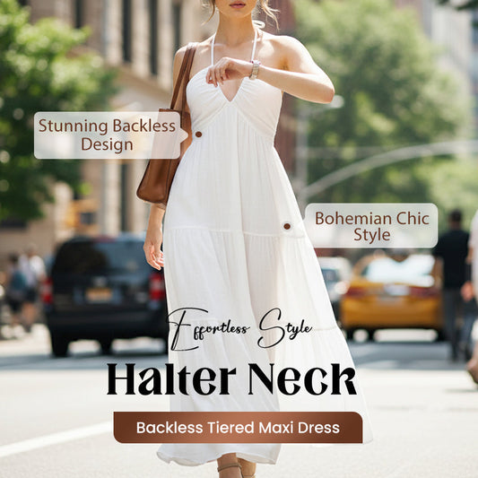 👗✨ 50% RABATT! | Halter Neck Rygglös Maxiklänning – Tierad Kjol & Djup V-ringning!