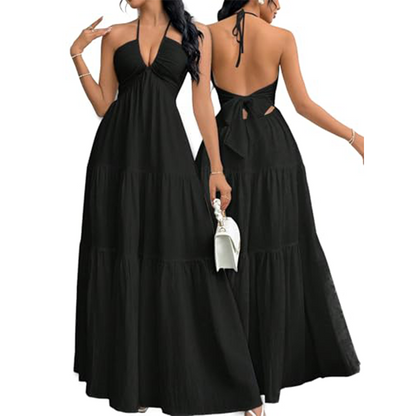 👗✨ 50% RABATT! | Halter Neck Rygglös Maxiklänning – Tierad Kjol & Djup V-ringning!