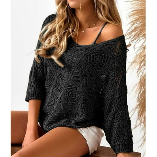 💎 50% RABATT 🌸 | Virkad Sommartopp – 3/4-ärmar & Andningsbar Bomullsblandning