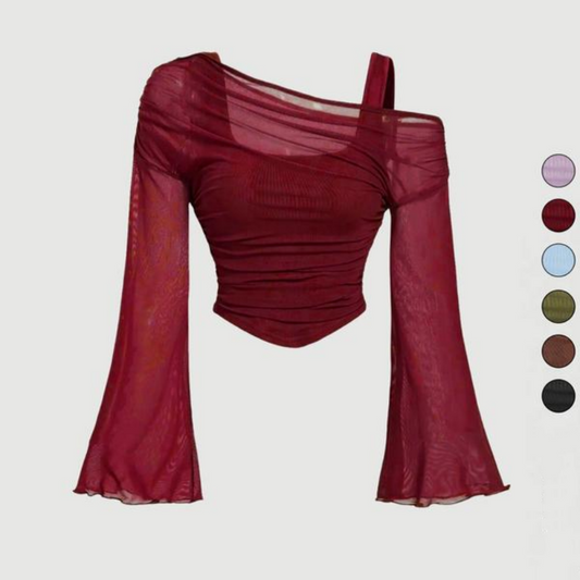 👗 50% RABATT ✨ | Off-shoulder-top i Rynkat Nät – Utsvängda Ärmar & Figursydd