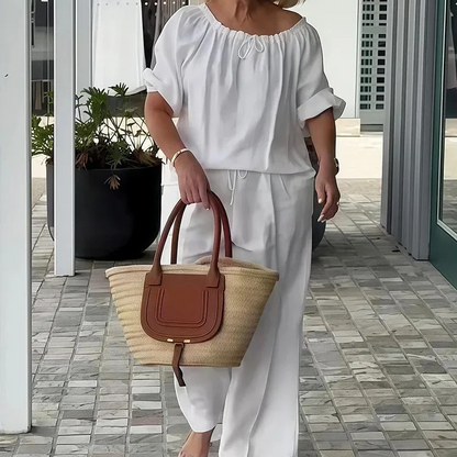 👚 50% RABATT 👖 | 2-delat Set med Topp & Byxor – Elegant Rundhals & Vida Ben