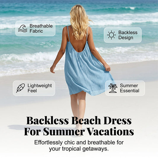 👗 50% RABATT NU! 🔥 Sexig Rygglös Cami Klänning med Justerbar Dragsko – Djup Rygglös, Flytande Avslappnad Passform & Premium Skrynkligt Tyg 🌊