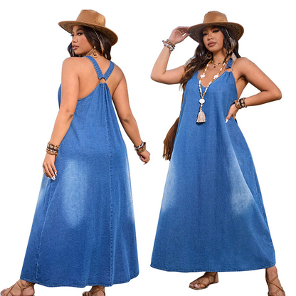 👗 50% RABATT 🌊 | Lös Denim-Maxi Klänning – V-ringning & Racerback