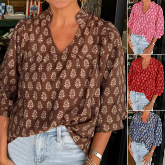 👚 50% RABATT NU! 🌸 Dam Avslappnad Flödande Tryckt Topp – V-Hals & Unik Design – Bekväm Passform & Mångsidig 🍃