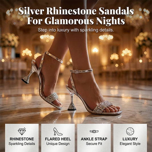 👠 50% RABATT NU! ✨ Rhingsten Ankelremssandaler med Skulpturklack – Glittrande Rem, Unik Klack & Fyrkantig Tå – Glamour & Komfort 💎