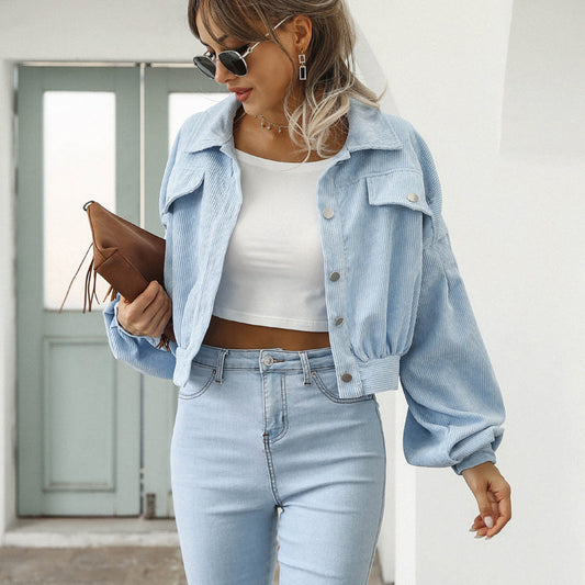 🧥 50% RABATT 🎈 | Kort Corduroyjacka – Ballongärmar & Retro Textur